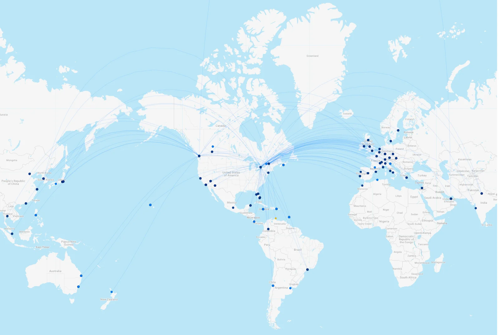 Map of Air Canada's route network showing flight paths connecting North America, Europe, Asia, and other regions.