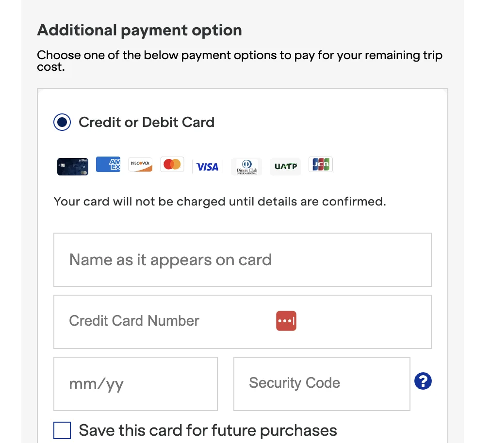 Screenshot of a JetBlue checkout screen for entering credit or debit card payment details, showing accepted card logos and a card number field.
