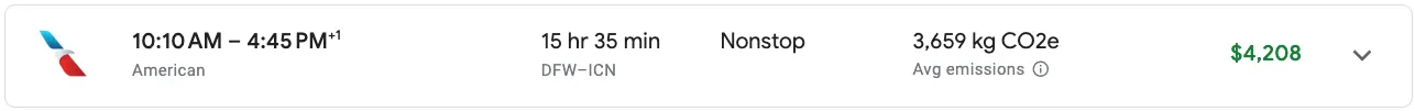 Screenshot of a flight search result showing a nonstop Dallas Fort Worth to Seoul flight on American Airlines priced at $4,208