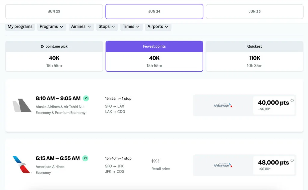 Screenshot of a point.me flight search showing a San Francisco to Paris flight with a stop in Los Angeles priced at 40,000 points