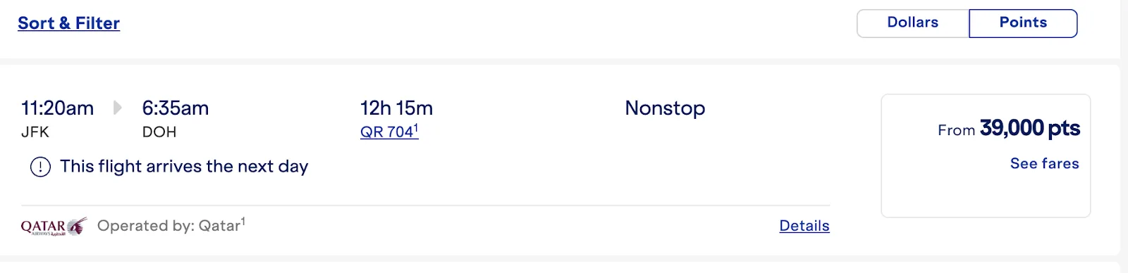 Screenshot of a JetBlue partner fare search showing a nonstop Qatar Airways flight from New York to Doha priced from 39,000 points.