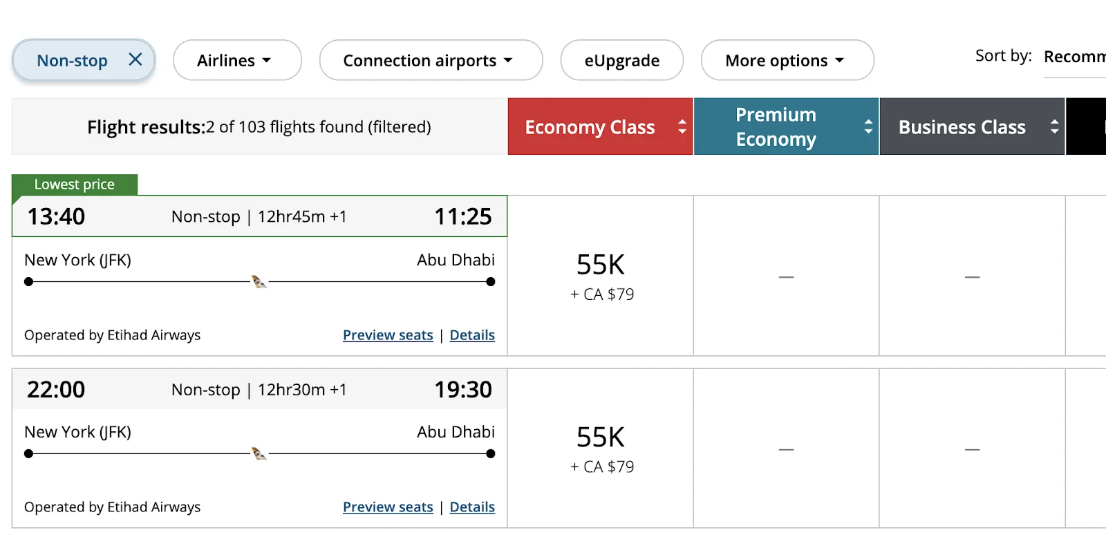Air Canada Aeroplan search results showing nonstop JFK to Abu Dhabi flights operated by Etihad Airways priced at 55,000 points
