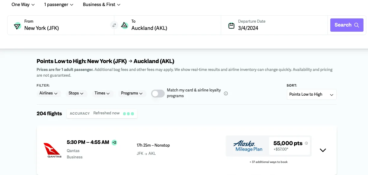 Screenshot of a flight search tool showing a Qantas business class flight from New York JFK to Auckland for 55,000 Alaska Mileage Plan points plus $57.