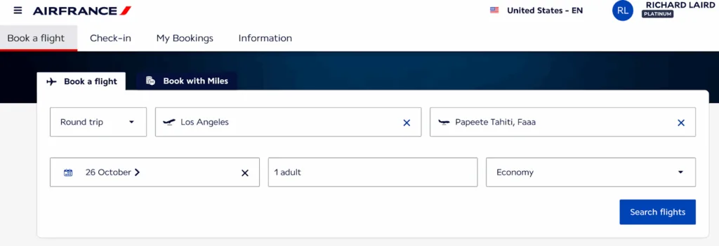 Screenshot of the Air France website flight search form for a Los Angeles to Papeete, Tahiti trip
