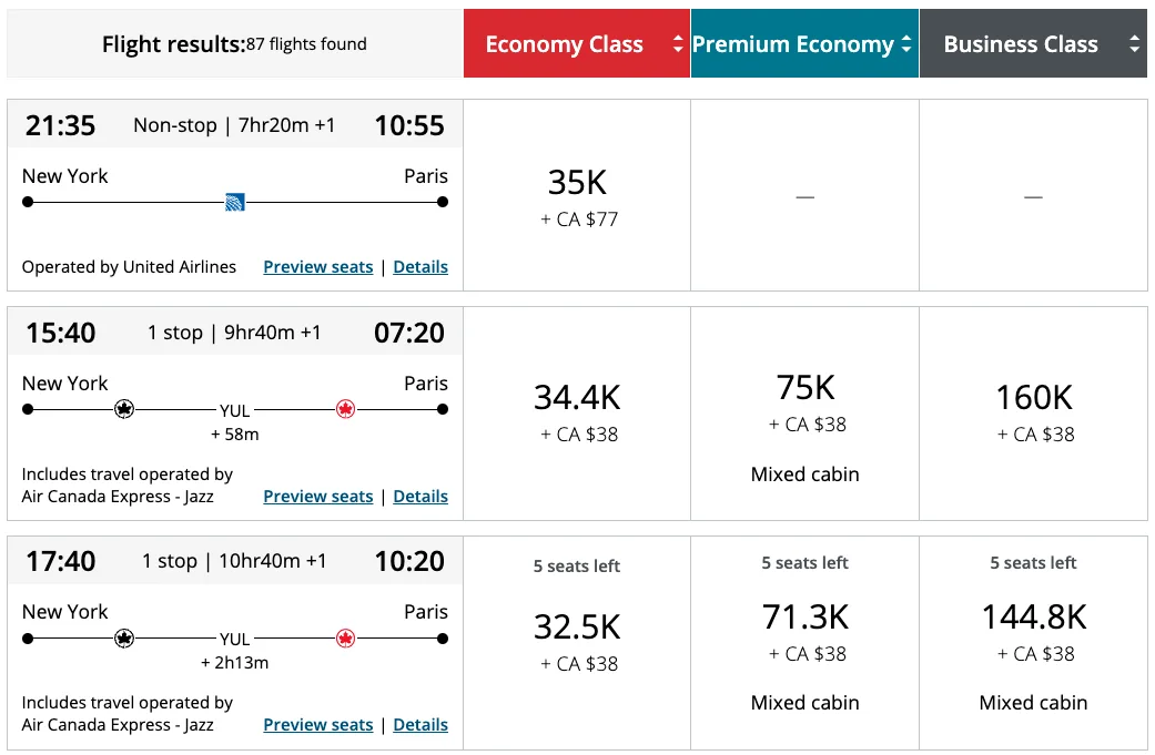 Aeroplan flight search results for New York to Paris showing Economy, Premium Economy, and Business pricing in points across several United and Air Canada options