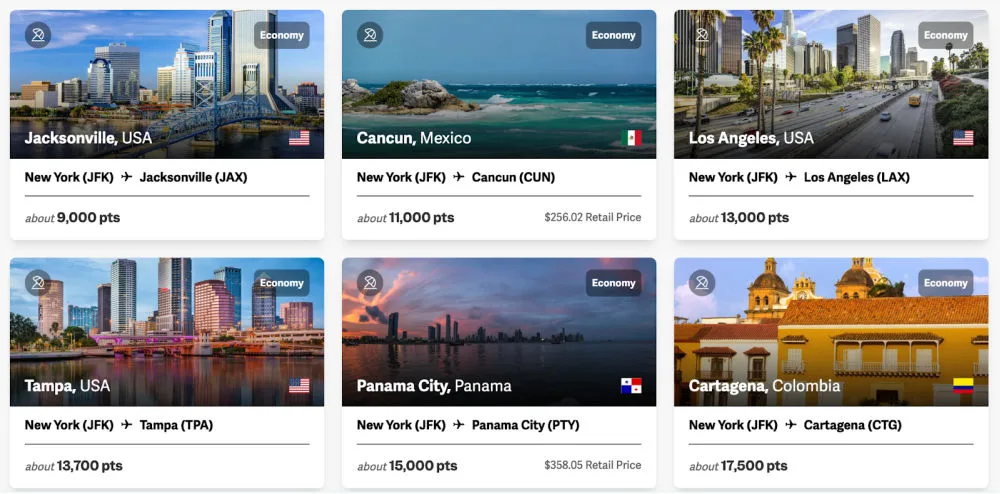 Screenshot of point.me Explore destination cards for cities including Los Angeles, Tampa, Panama City, and Cartagena, each with award pricing from New York.