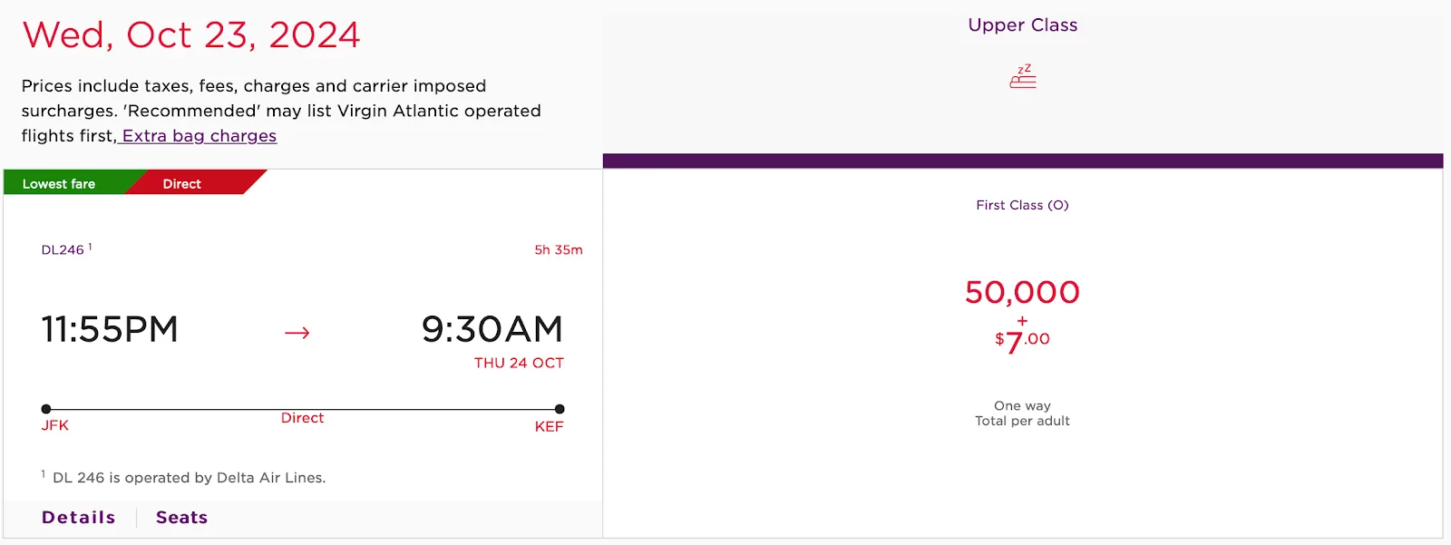 Screenshot of a Virgin Atlantic award search showing a New York to Reykjavik Delta flight in Upper Class priced at 50,000 miles