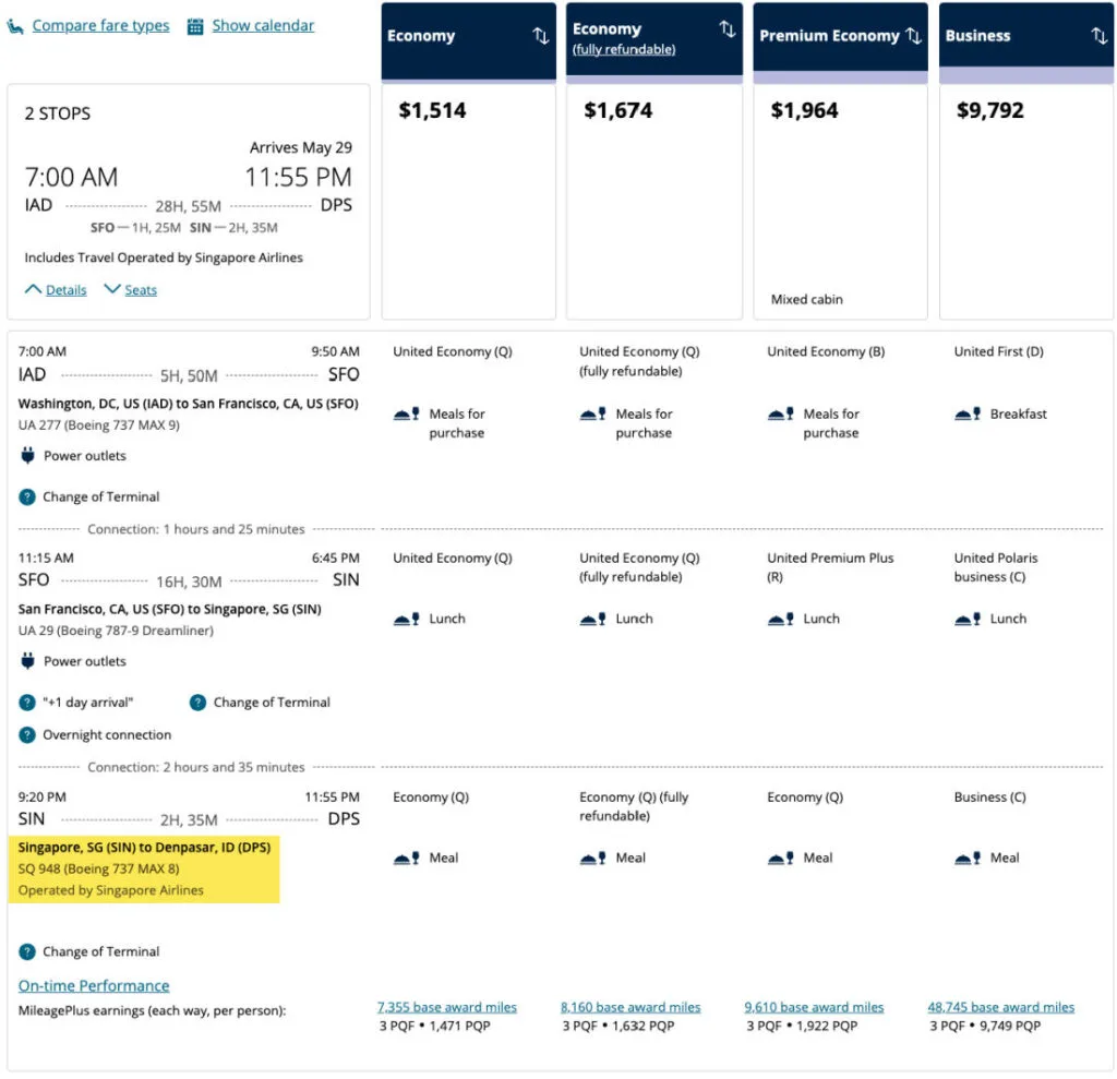 Screenshot of a United award search for a multi-stop flight from Washington Dulles to Denpasar via San Francisco and Singapore, showing fares across economy, premium economy, and business class on a Singapore Airlines segment.