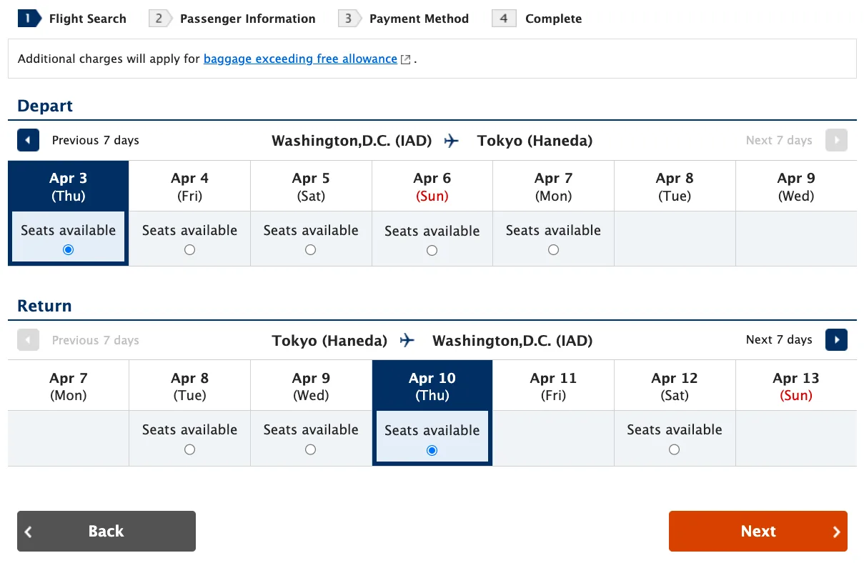 ANA award booking calendar showing seat availability for a Washington to Tokyo Haneda round trip