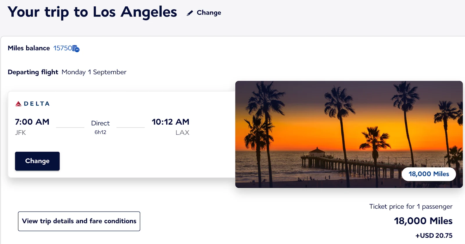 Delta.com booking screen for a JFK to Los Angeles flight priced at 18,000 miles, with a photo of palm trees and a pier at sunset