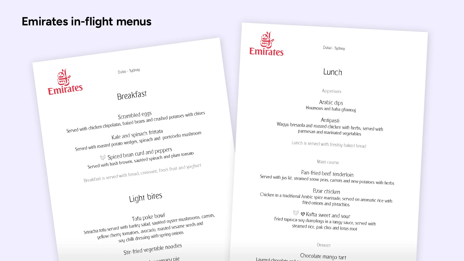 Emirates in-flight menus for breakfast and lunch showing why they dominate best business-class meals.