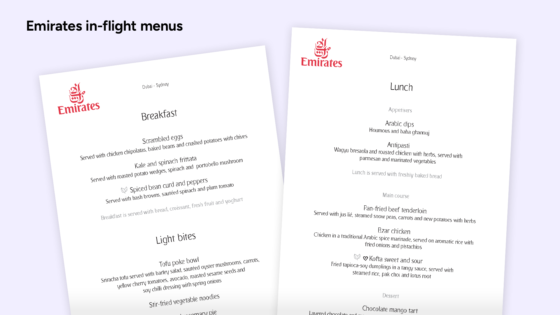 Emirates in-flight menus for breakfast and lunch showing why they dominate best business-class meals.