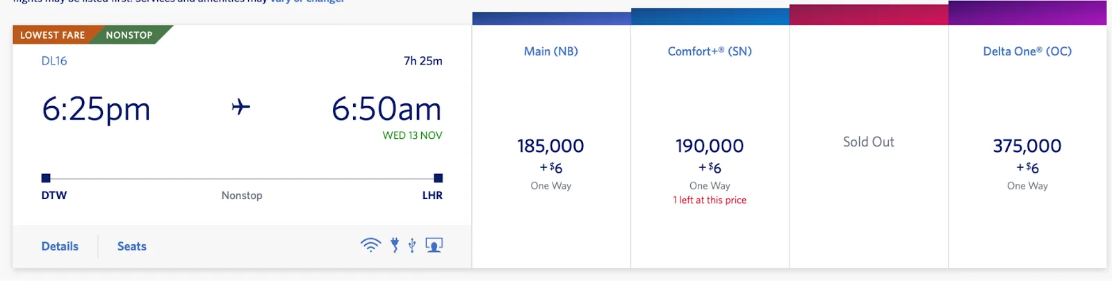 Screenshot of a Delta.com fare comparison for a Detroit to London nonstop flight, showing Main, Comfort+, and Delta One prices in miles.