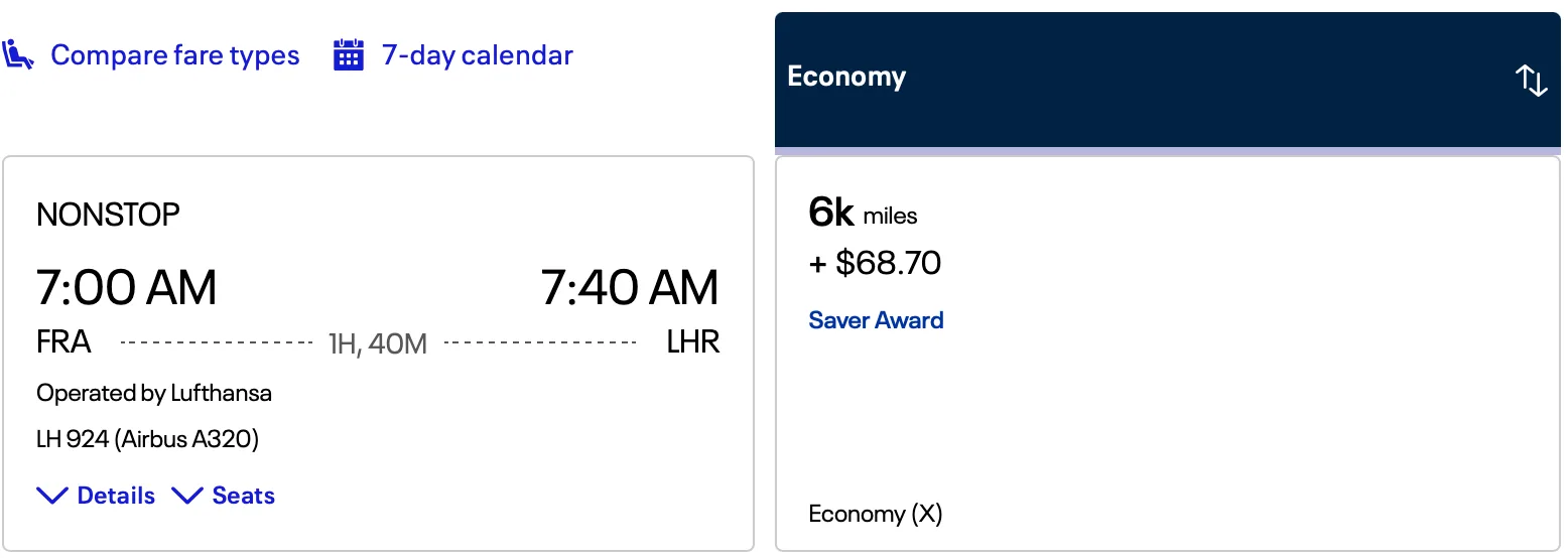 Screenshot of a United award search for a nonstop Frankfurt to London flight priced at 6,000 miles in economy.