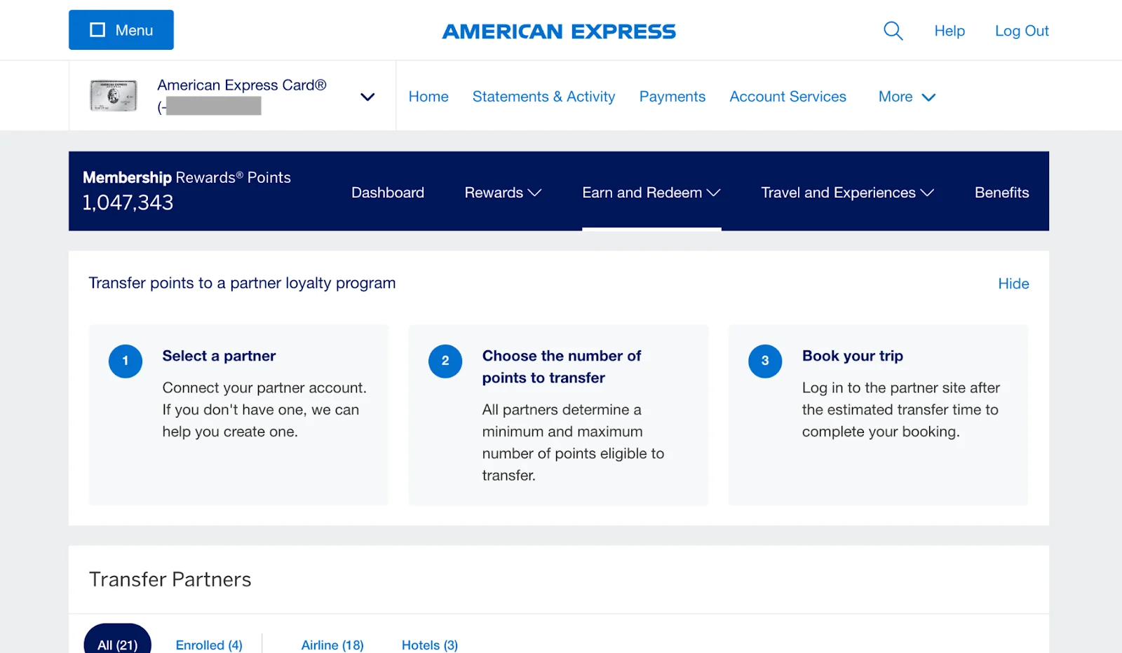 Screenshot of an American Express Membership Rewards account page showing the points transfer to a partner loyalty program flow