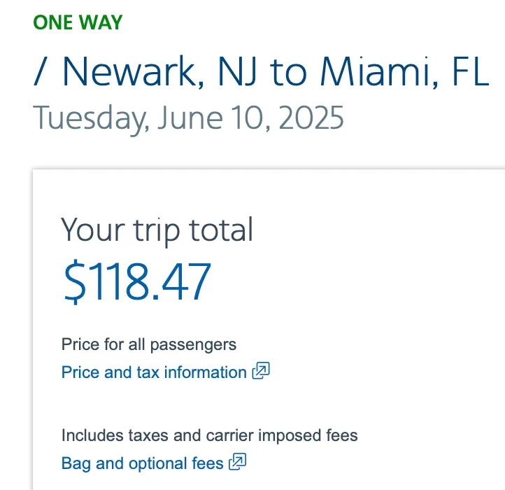 Screenshot of example AA flight in cash from Newark to Miami
