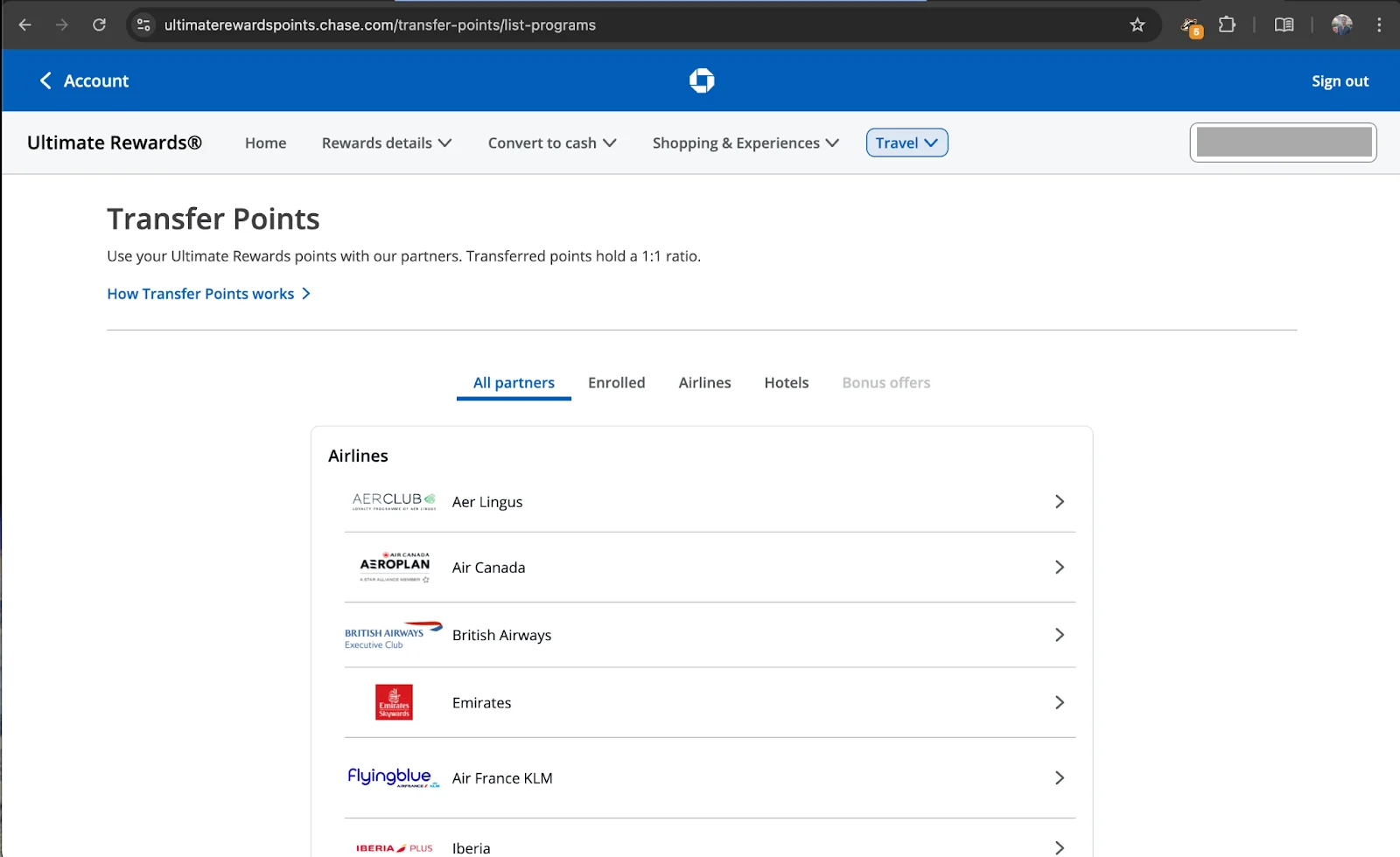 Chase Ultimate Rewards transfer partners page listing airline programs including Aer Lingus, Air Canada Aeroplan, British Airways, Emirates, and Flying Blue