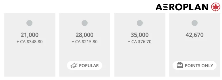 Air Canada Aeroplan pricing tiles showing point and cash combinations ranging from 21,000 to 42,670 points