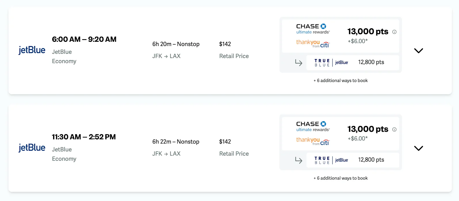 Screenshot of point.me pricing for JetBlue flights from New York to Los Angeles, comparing the $142 cash fare to 13,000 Chase Ultimate Rewards points.