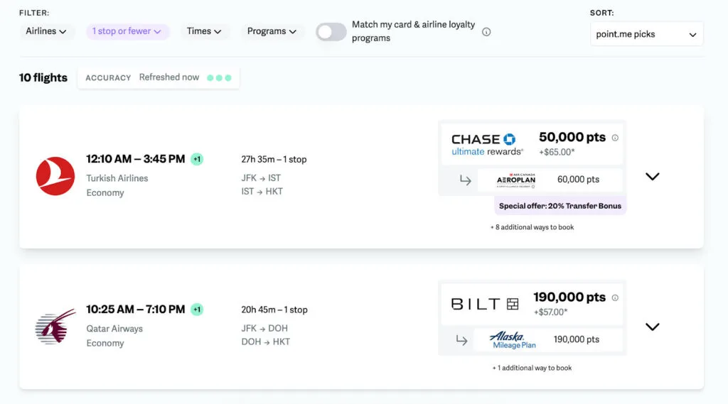 Screenshot of point.me flight search results to Phuket showing a Turkish Airlines option for 50,000 Chase points and a Qatar Airways option for 190,000 Bilt points
