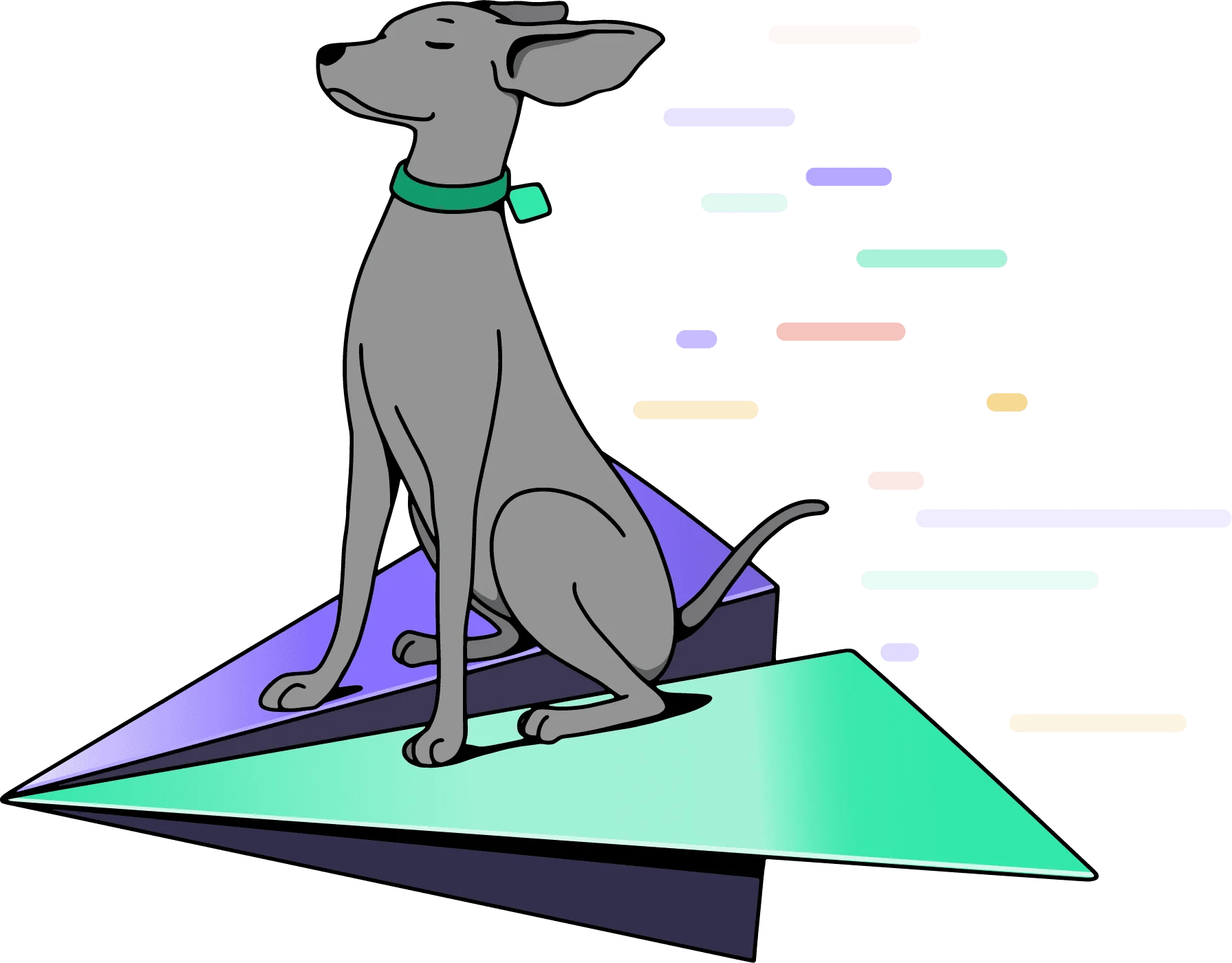 Illustration of a grey pointer dog wearing a green collar, sitting attentively on a large paper airplane with purple and mint green colors, against a background with colorful horizontal lines.