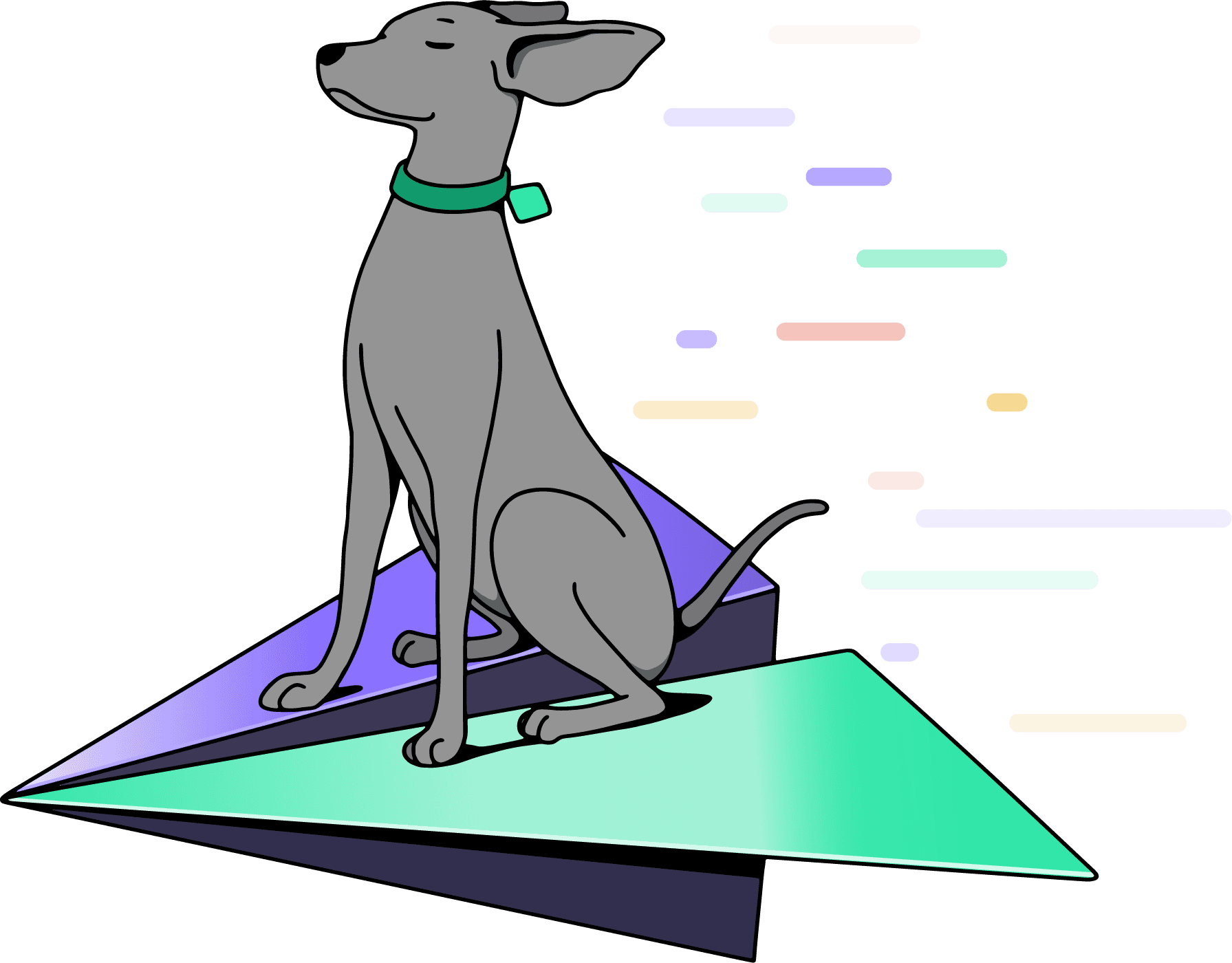Illustration of a grey pointer dog wearing a green collar, sitting attentively on a large paper airplane with purple and mint green colors, against a background with colorful horizontal lines.