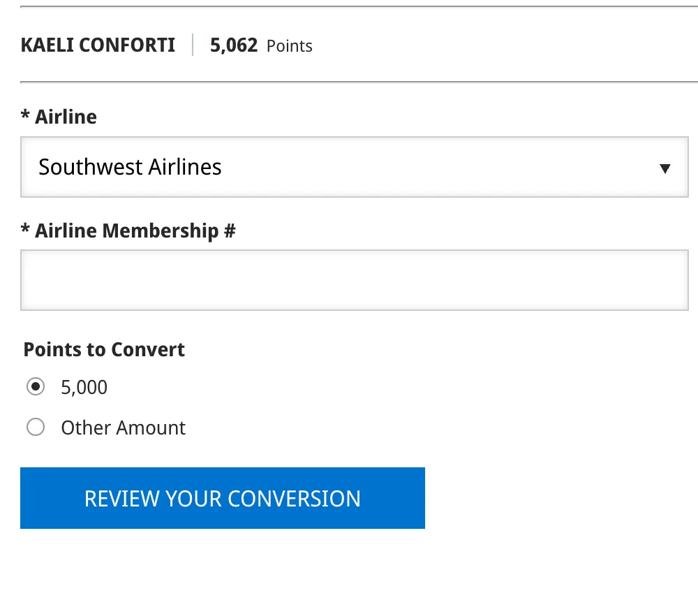 Screenshot of a Bilt Rewards points conversion form transferring 5,000 points to a Southwest Airlines account.