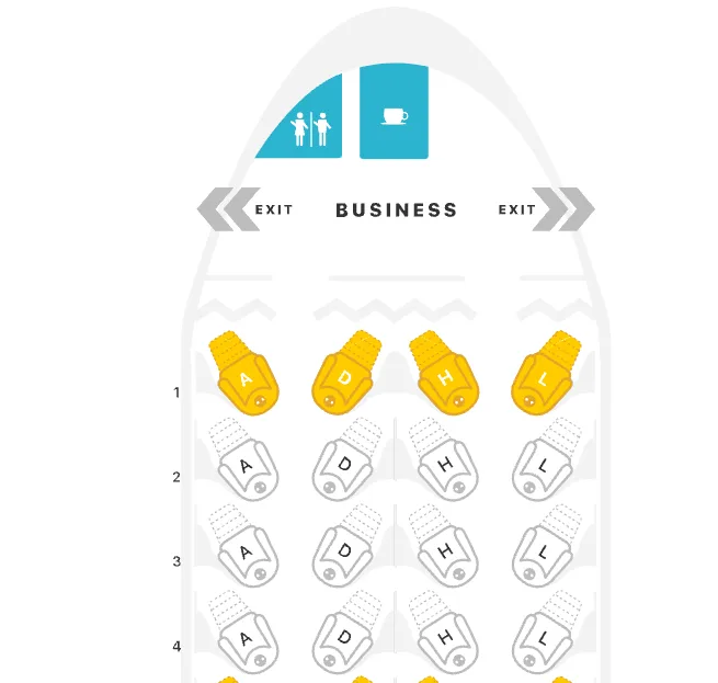A seat map diagram of an American Airlines business class cabin, with the front row highlighted in gold.