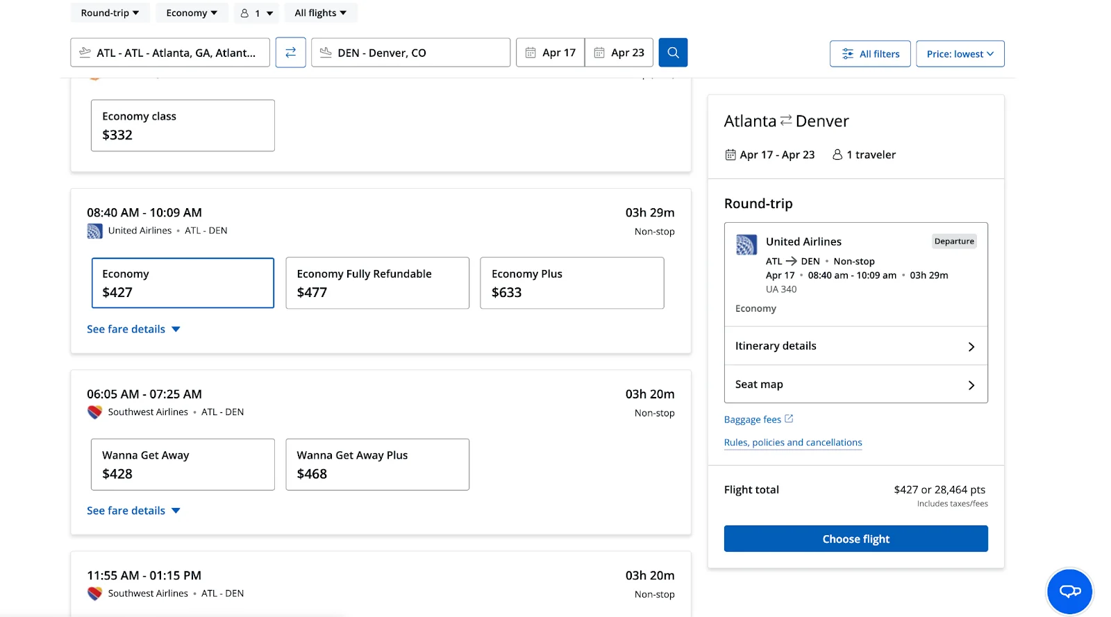 Screenshot of the Chase Travel portal flight search results for Atlanta to Denver, comparing United and Southwest fares priced in dollars and points.