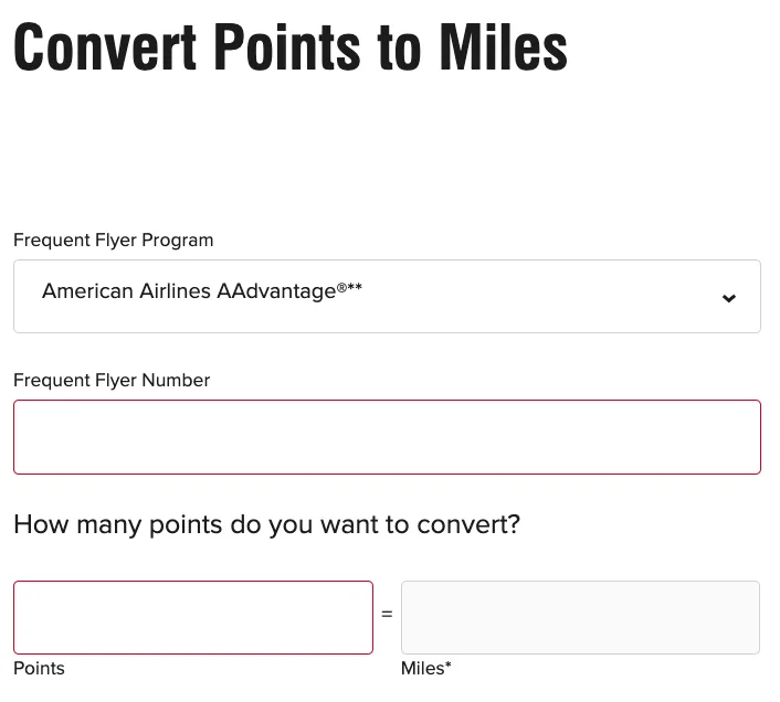 Screenshot of a Marriott Bonvoy points-to-miles conversion form with American Airlines AAdvantage selected as the frequent flyer program