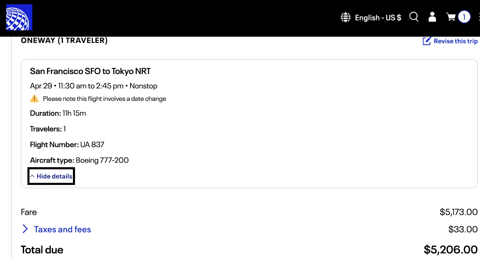Screenshot of a United Airlines cash booking for San Francisco to Tokyo Narita, totaling $5,206.