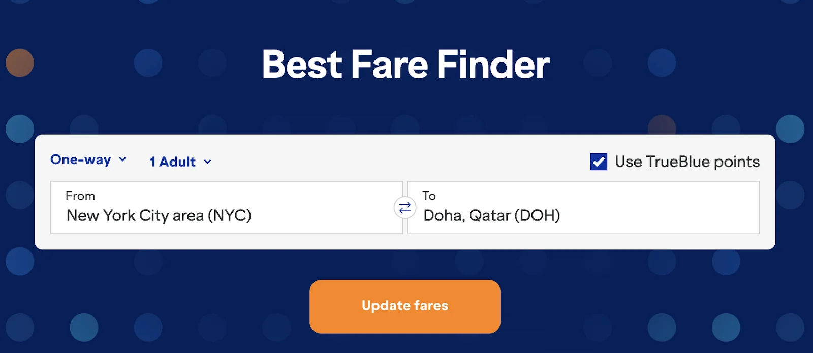 Screenshot of the JetBlue Best Fare Finder tool set for a one-way flight from the New York City area to Doha, Qatar.