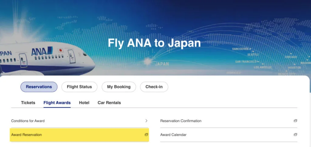 ANA website banner reading "Fly ANA to Japan" with Reservations, Flight Status, and Flight Awards navigation tabs