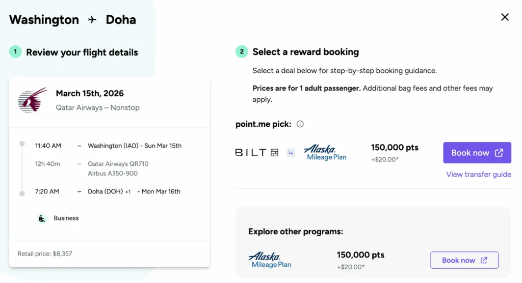 Screenshot of a point.me search for a Washington to Doha Qatar Airways business class flight, bookable via Bilt-to-Alaska transfer for 150,000 points plus $20.