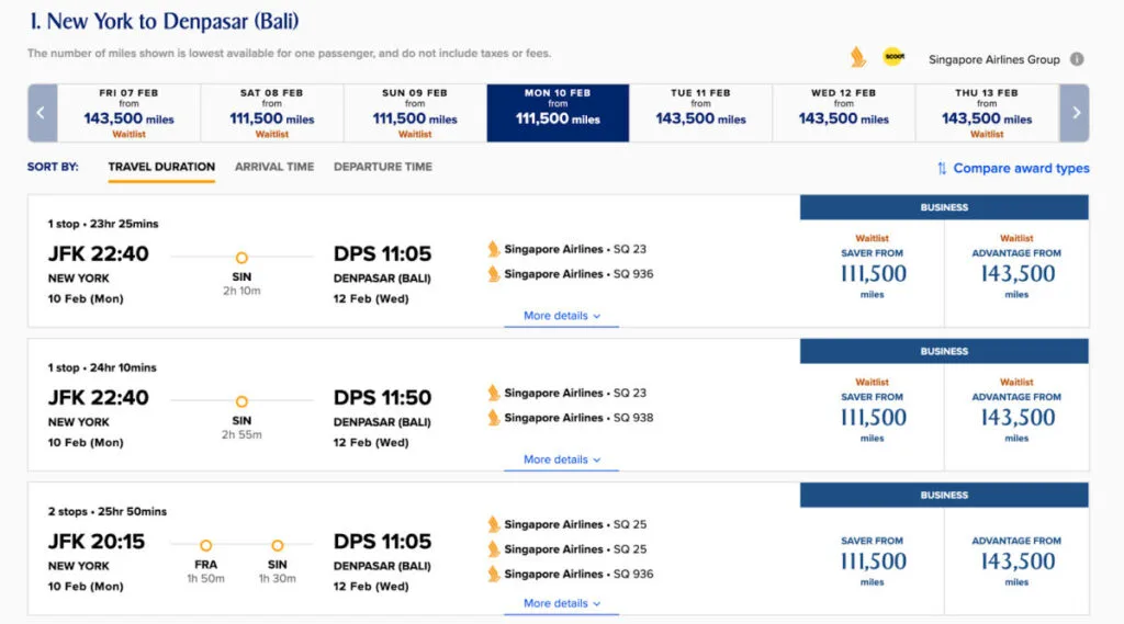 Screenshot of a Singapore Airlines award search for a New York to Denpasar, Bali business class flight, showing waitlisted saver fares from 111,500 miles