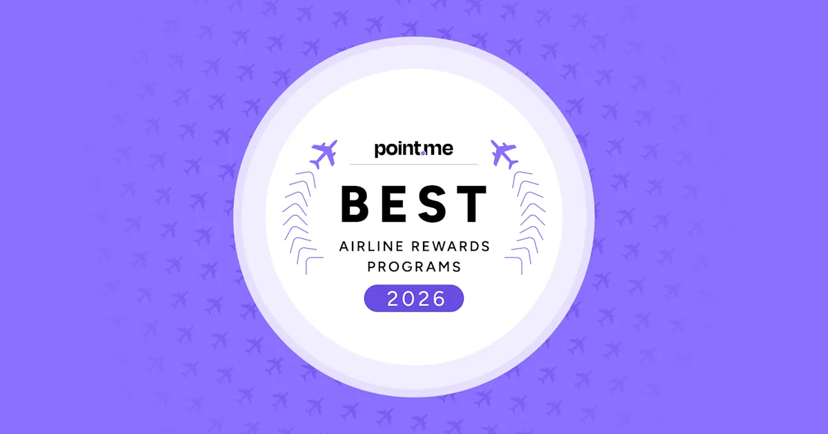 A lineup of airline tails, illustrating point.me's ranking of the world's best airline rewards programs for 2026, with a patterned background of airplanes.