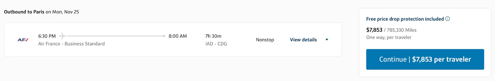 Screenshot of a Capital One Travel booking for an Air France business class flight from Washington Dulles to Paris priced at $7,853 or 785,330 miles