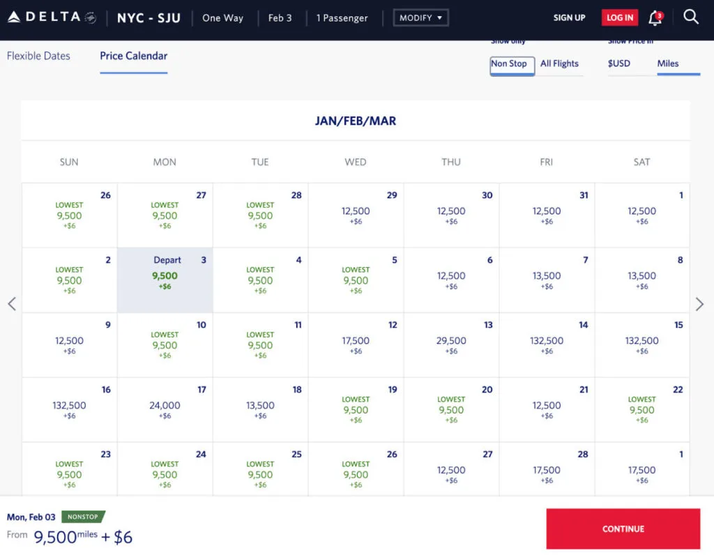 Delta flight search results for a nonstop New York to San Juan flight with fares displayed in miles instead of dollars