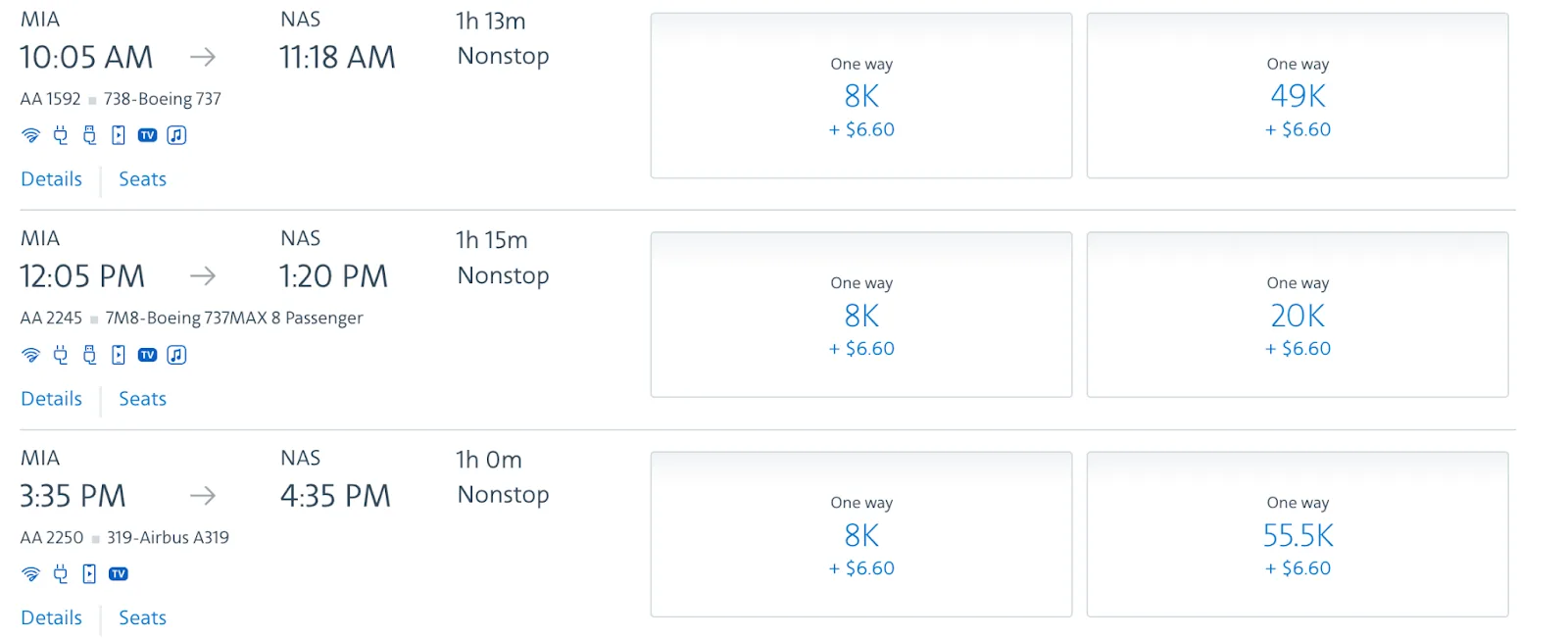 Screenshot of American Airlines flight search results for Miami to Nassau, showing one-way fares from 8K points in Main Cabin and up to 55.5K in First