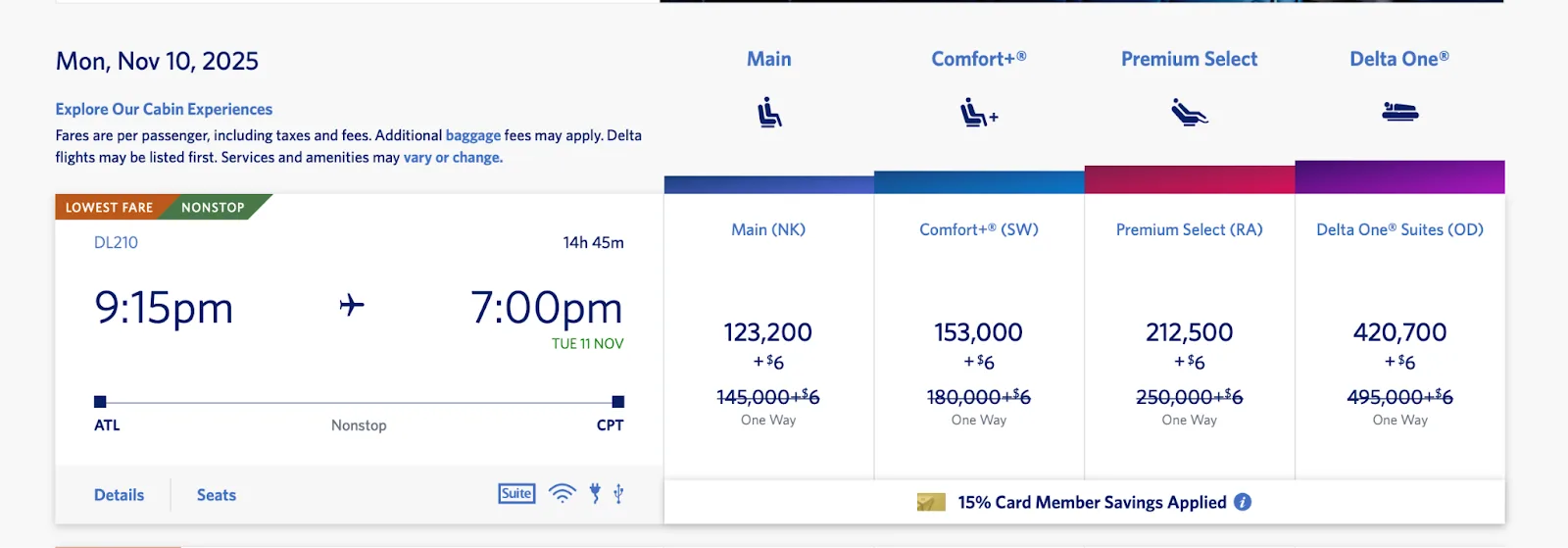 Screenshot of a Delta.com fare comparison for an Atlanta to Cape Town flight, listing Main, Comfort+, Premium Select, and Delta One prices in miles.