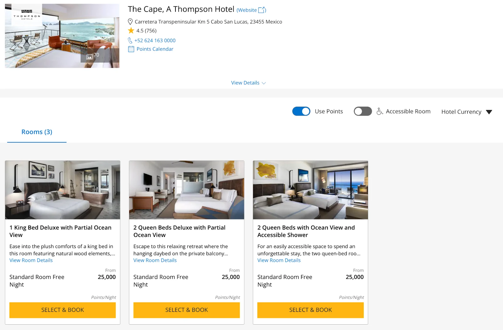 Screenshot of a hotel booking page for The Cape, A Thompson Hotel in Cabo San Lucas, showing rooms priced at 25,000 points per night