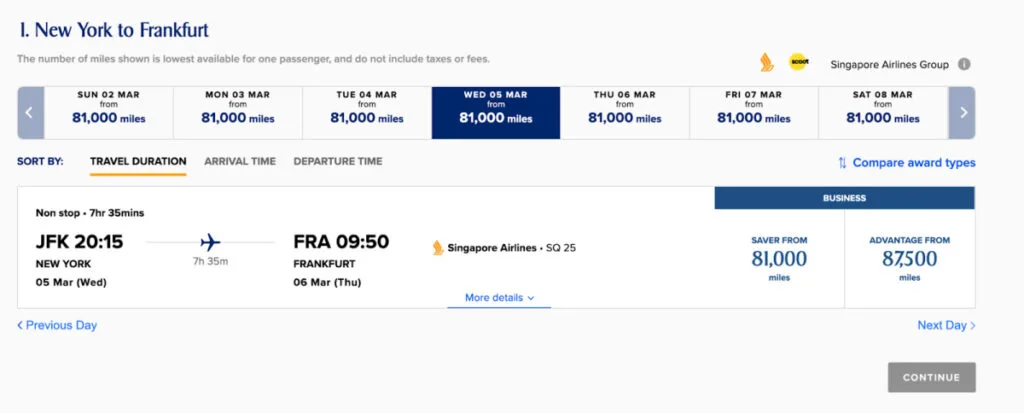 Screenshot of a Citi ThankYou Points transfer partner search showing a JFK to Frankfurt Singapore Airlines business class flight for 81,000 miles