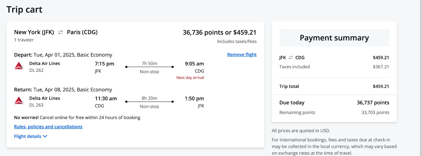 Screenshot of a Chase Travel trip cart for a New York to Paris Delta flight priced at 36,736 points or $459.21