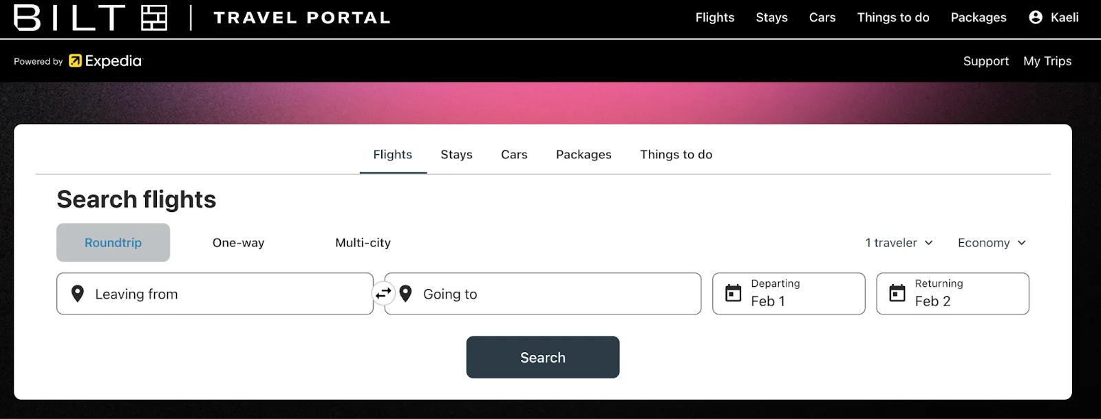 Screenshot of the Bilt Travel Portal homepage flight search form, powered by Expedia