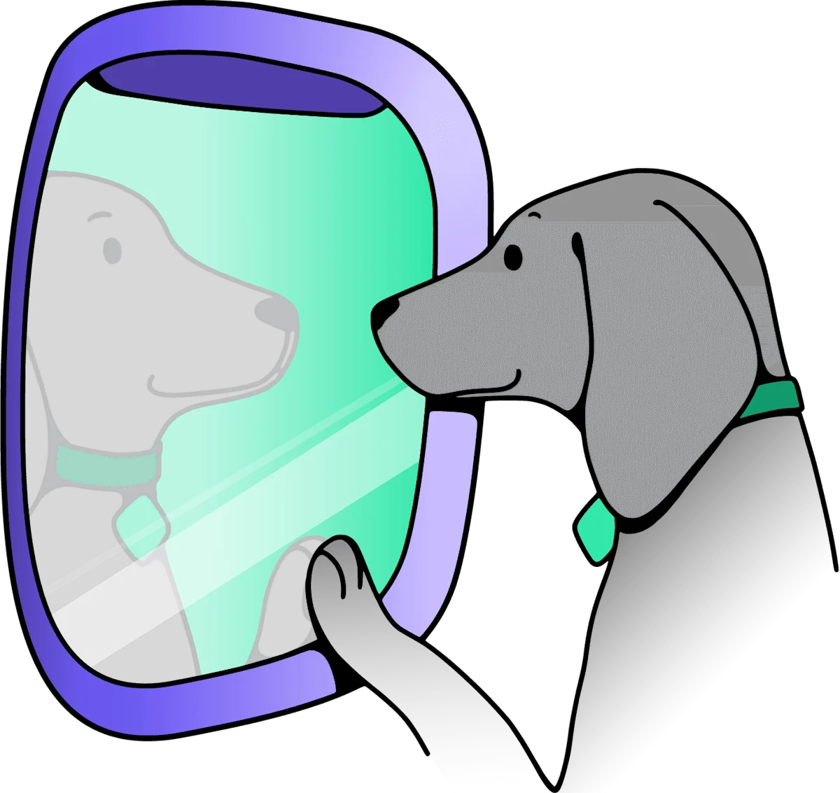 Cartoon illustration of a gray dog looking out of an airplane window with a purple frame. The dog, wearing a teal/green collar tag, has its paw placed on the window. Through the turquoise-tinted window, there's a faint reflection of the dog visible. The image has a simple, clean design with a color palette of gray, white, purple, and teal green.