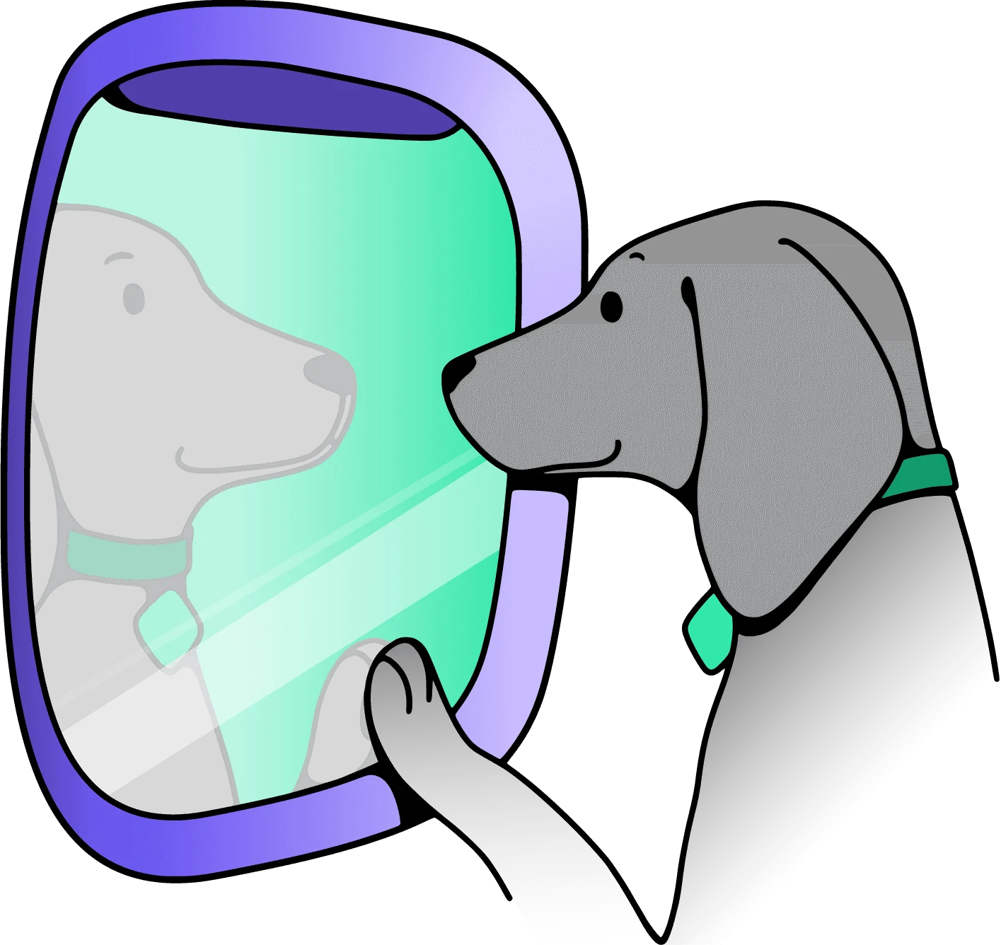 Cartoon illustration of a gray dog looking out of an airplane window with a purple frame. The dog, wearing a teal/green collar tag, has its paw placed on the window. Through the turquoise-tinted window, there's a faint reflection of the dog visible. The image has a simple, clean design with a color palette of gray, white, purple, and teal green.