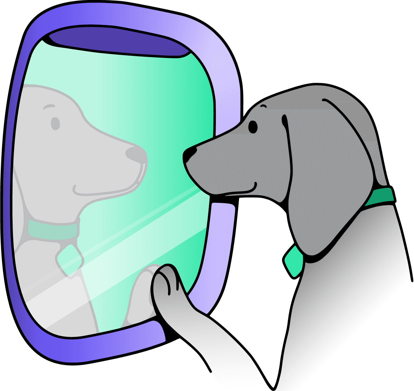 Cartoon illustration of a gray dog looking out of an airplane window with a purple frame. The dog, wearing a teal/green collar tag, has its paw placed on the window. Through the turquoise-tinted window, there's a faint reflection of the dog visible. The image has a simple, clean design with a color palette of gray, white, purple, and teal green.