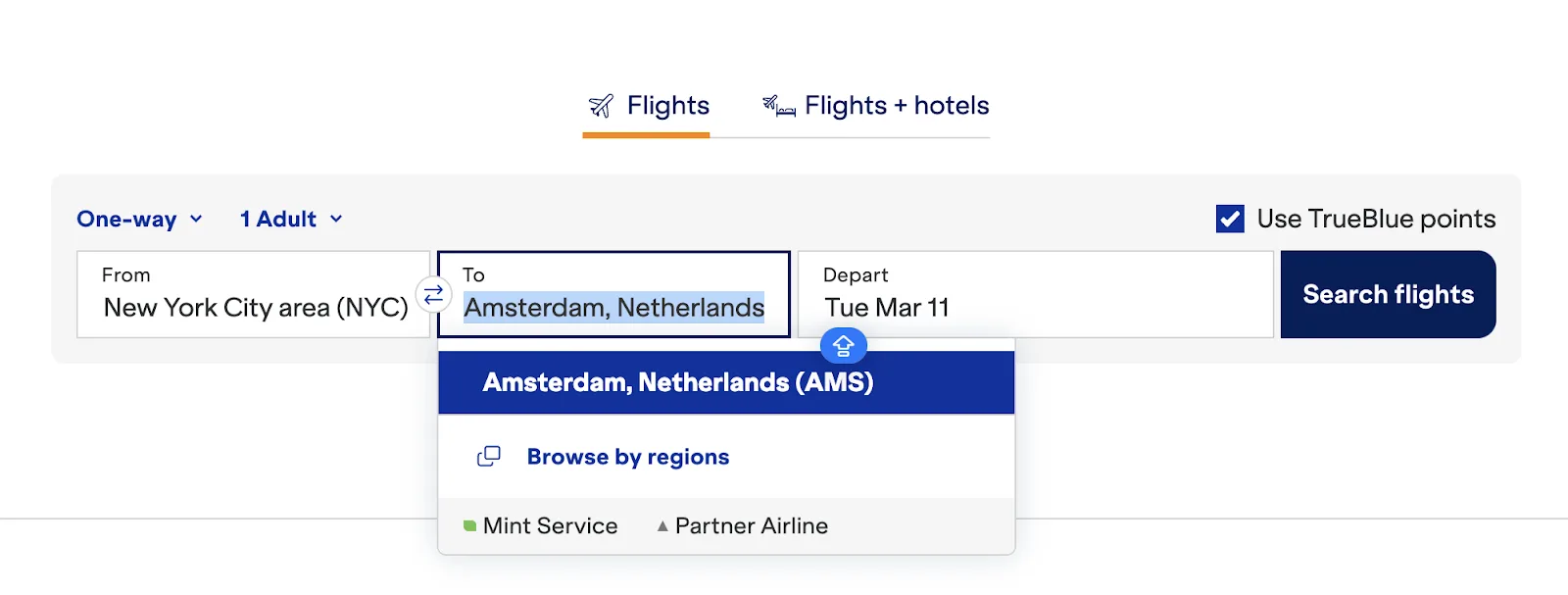 Screenshot of a JetBlue one-way flight search from the New York City area to Amsterdam, Netherlands, with 'Use TrueBlue points' checked.