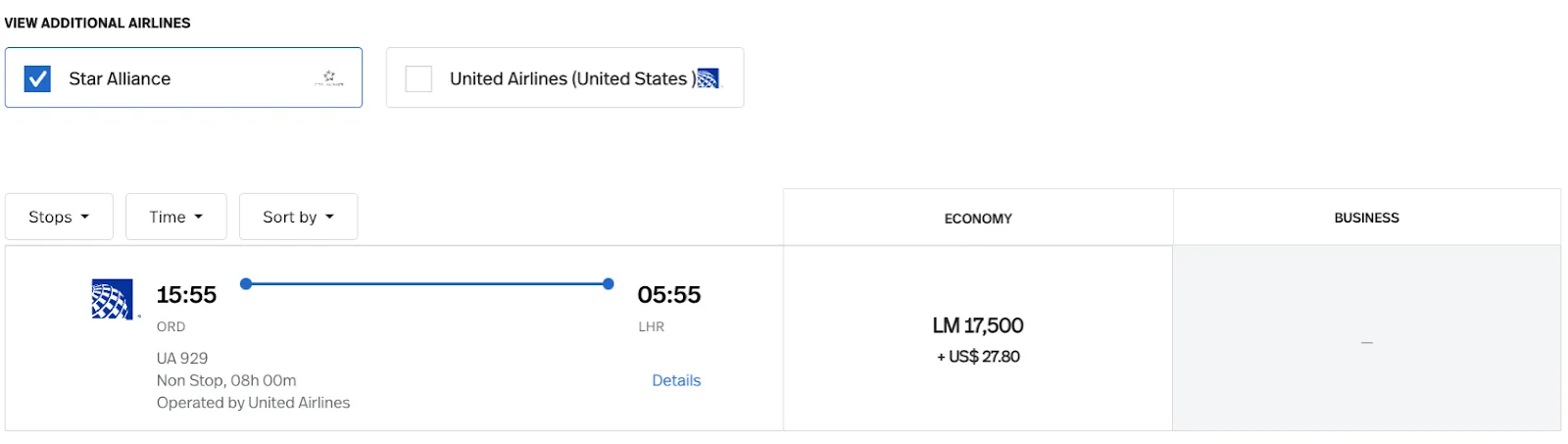 Star Alliance flight search result showing a United-operated nonstop Chicago to London flight priced at 17,500 miles in LifeMiles