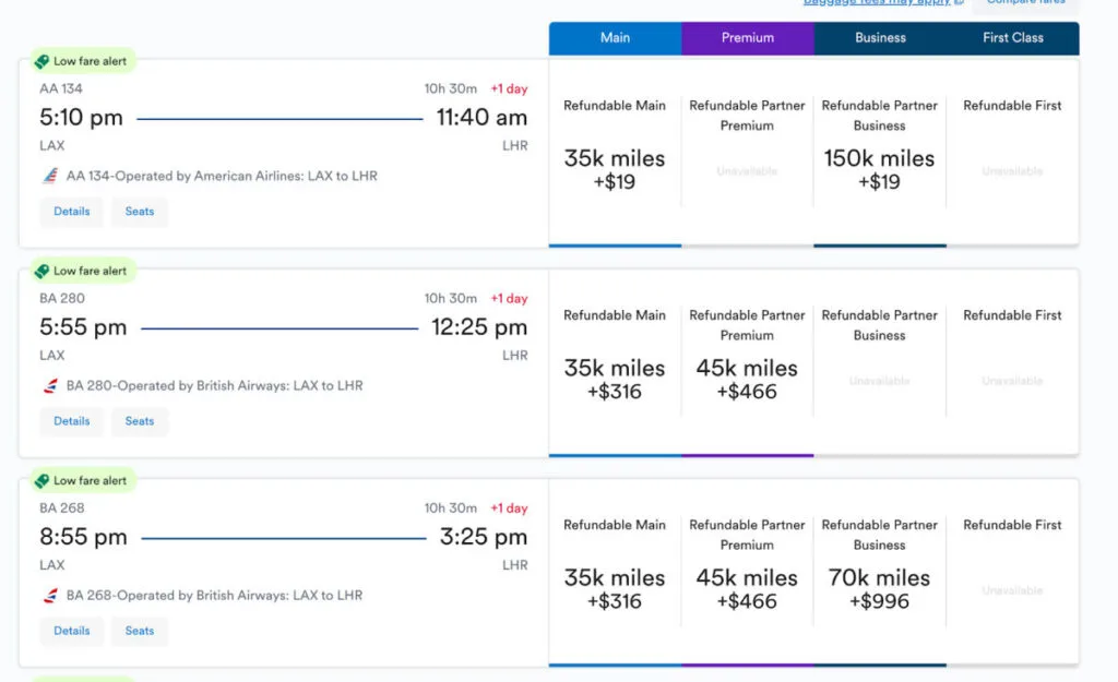Screenshot of point.me flight results comparing American Airlines and British Airways fares from LAX to London in miles and cash